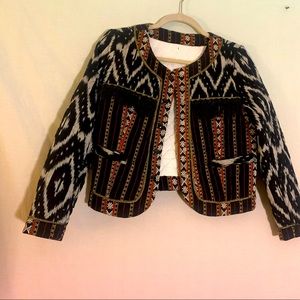 Multi print blazer with fringe pocket detailing